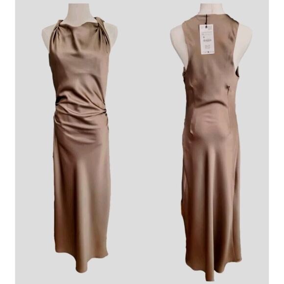 Zara Olive Green Satin Maxi Dress - Picture 6 of 13